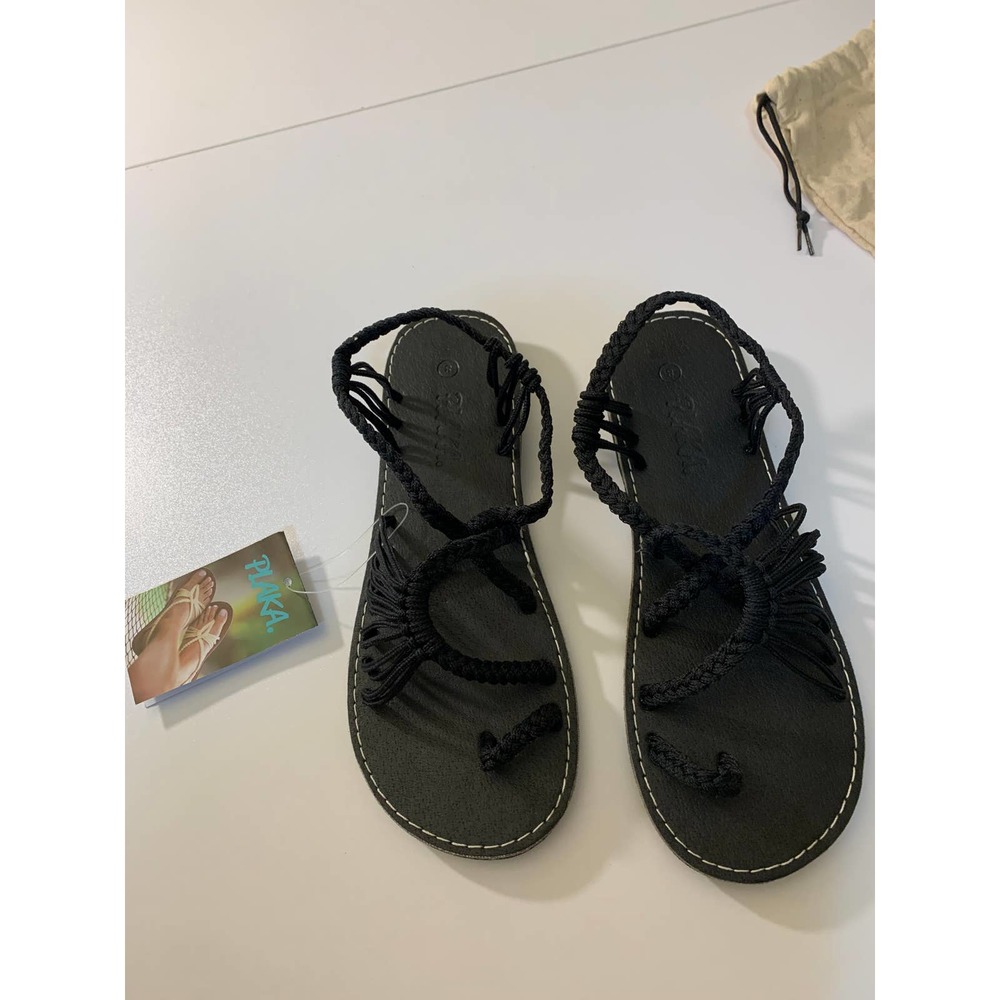PLAKA Palm Leaf Strappy Sandal Womens 8 Black Handwoven Braided Boho Beach NEW